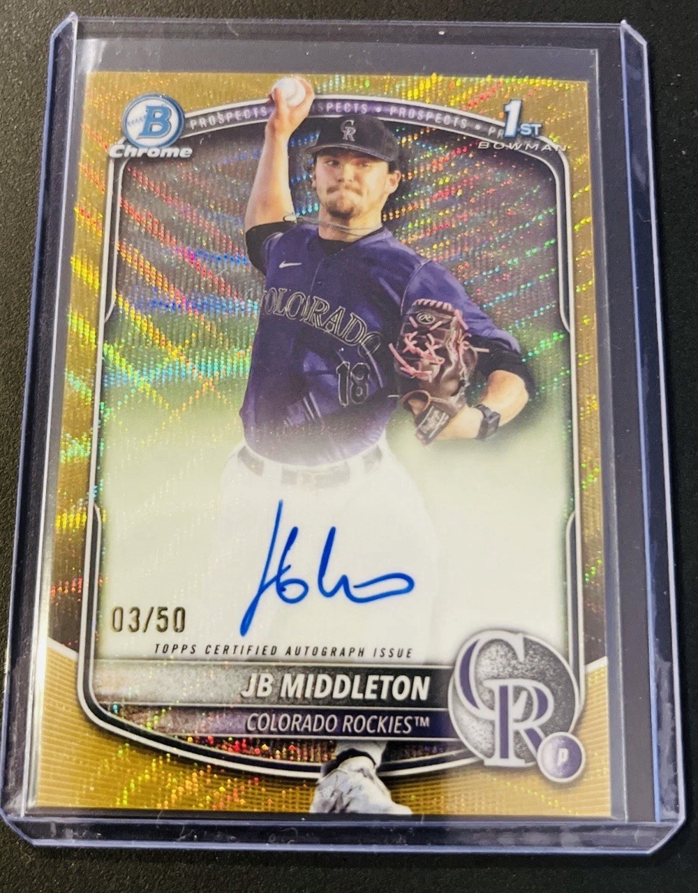 JB MIDDLETON 2025 BOWMAN CHROME DRAFT 1ST GOLD WAVE Auto Rockies 3/50!