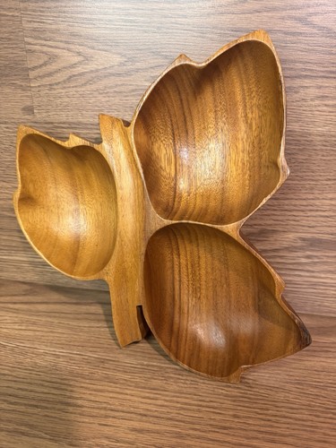 Vtg Fair Craft MCM Philippines Monkey Pod Wooden Leaf Bowl Divided Serving Dish