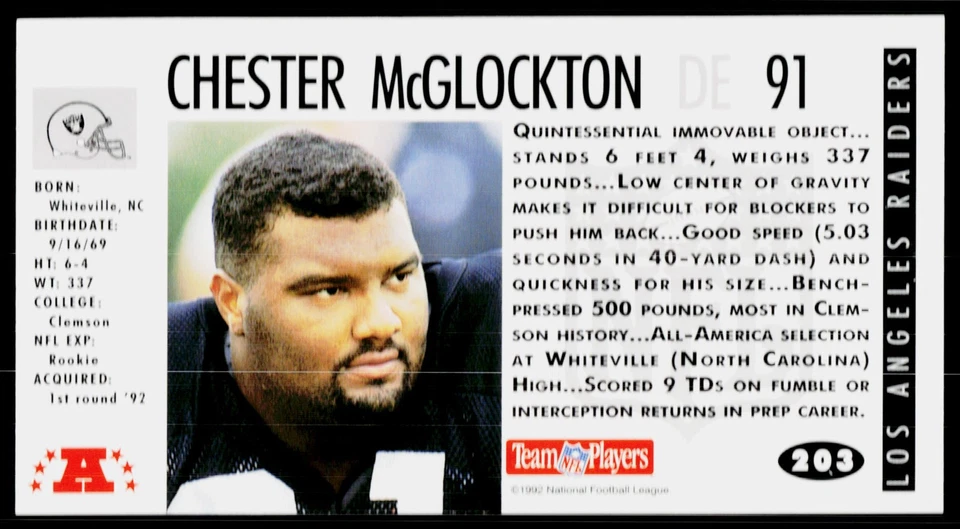 Chester McGlockton, 1992 GameDay, #203, Los Angeles Raiders, RC - Image 2 of 2