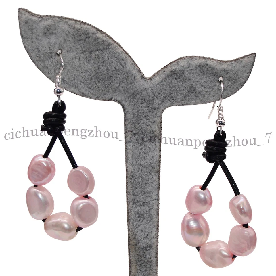 Multicolor Freshwater Baroque Pearl Beaded Leather Rope Dangle Earrings 9-10mm - Image 4 of 4