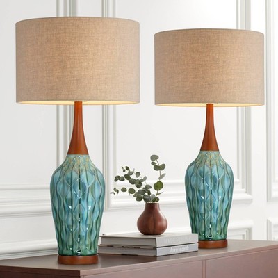 Rocco Mid Century Modern Table Lamps 30'' Tall Set of 2 Blue Teal Ceramic Bedroom