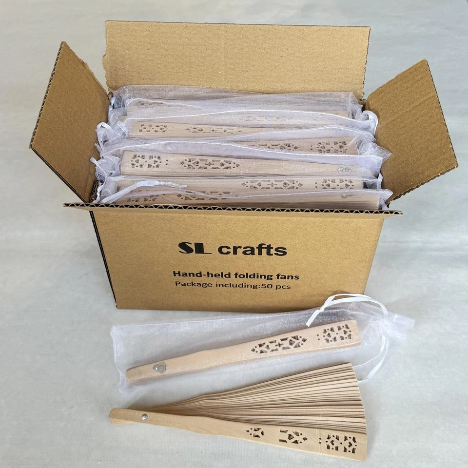 Wooden Folding Handheld Folding Fans with Organza Bags Wedding Favors 50 Pack - Image 2 of 4