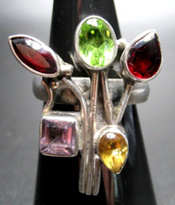 Beautiful Assorted Gemstone Flower Arrangement Sterling Silver 925 Ring Size 7.5