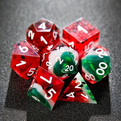 Juego de dados Poly DND 7 piezas resina borde afilado troquel mazmorras dragones juego de rol sandía - Imagen 2 de 7