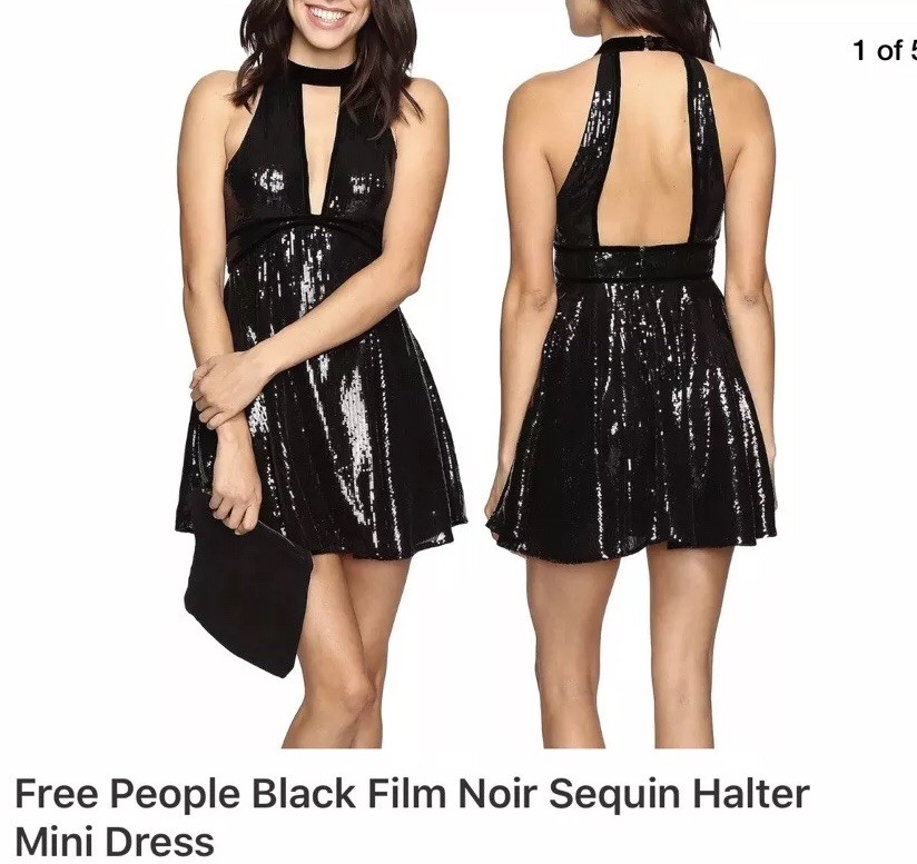 New Free People Black Film Noir Sequined Dress Velvet Trim High Neck Size 2  | eBay
