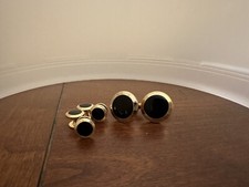 Round Gold Tone Beveled Edge Cufflinks With Tuxedo Studs Men 4 Studs