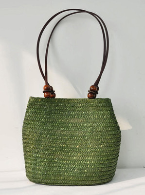 Woman Green Summer Beach Rattan Woven Braid Women Shoulder Handbag Bag 