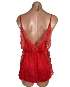Vtg 90s Negligee Open Sides Red Lace Nylon Romper Lingerie Babydoll sz S