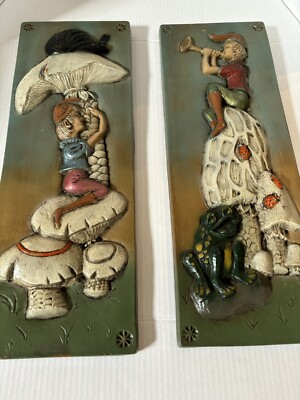 Vintage 1970 s Pixie Fairy mushroom wall plaque cottage core 20 