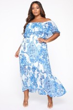 New Blue & White Paisley POM POM Summer Holiday Bardot Maxi Dress Size 2XL 20-22