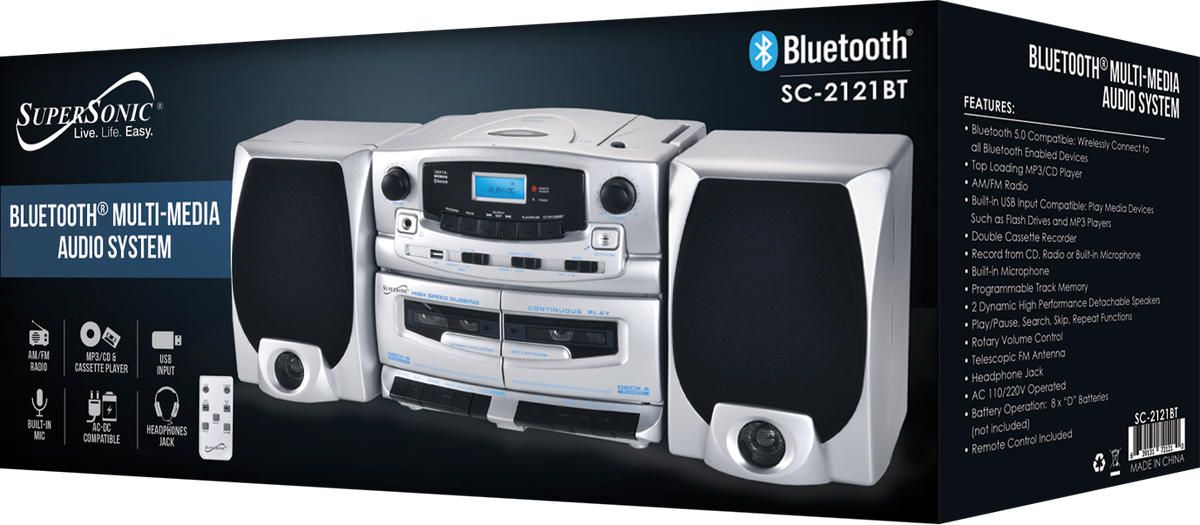 BT Audio System w Double Cassette Player/Recorder & Built-In Mic