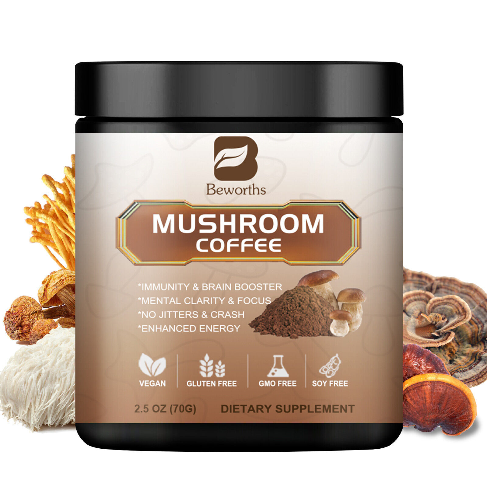 70g Organic Mushroom Coffee--Reishi,Cordyceps, Lion's Mane,Turkey Tail Mushrooms