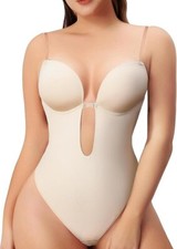 Women Seamless Deep V Bodysuit Backless Body Shaper Thong Open Crotch Small