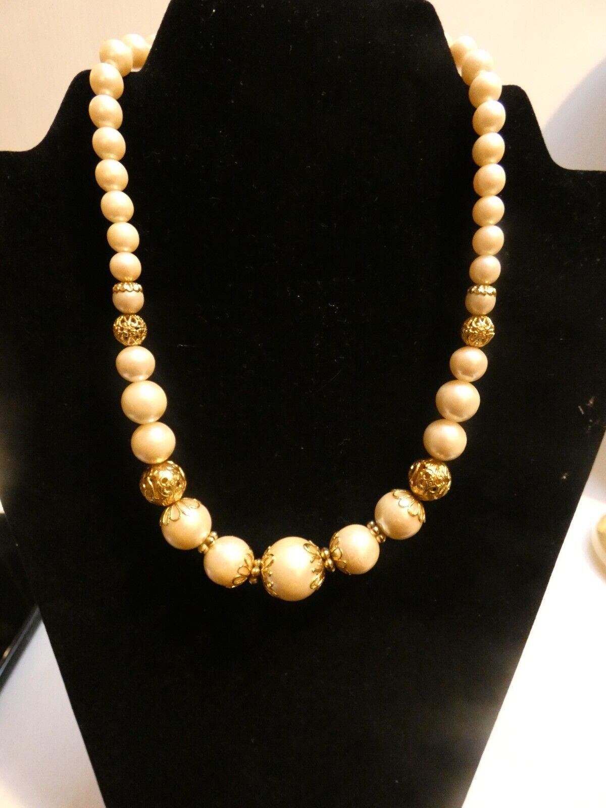 1928 Brand Necklace, Faux Pearl Beads and Gold To… - image 1