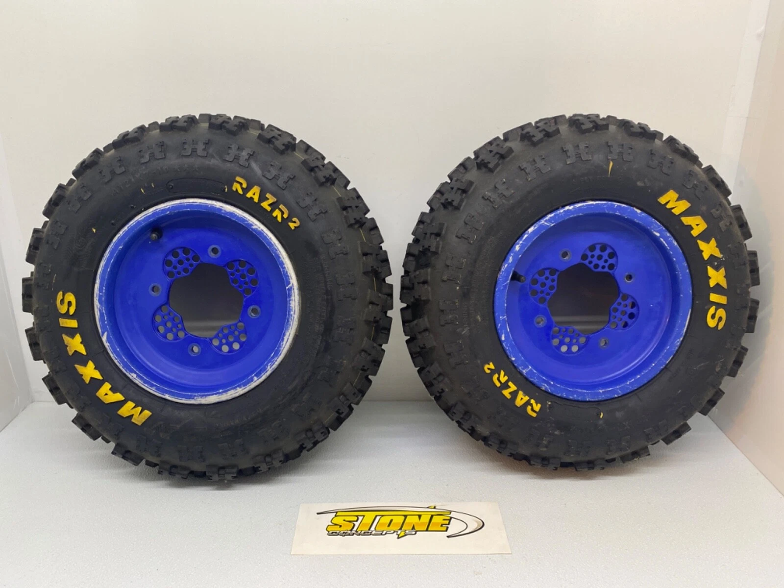 FRONT DWT ROK-OUT WHEELS 10X5 4-1 MAXXIS RAZR TIRES HONDA TRX450R
