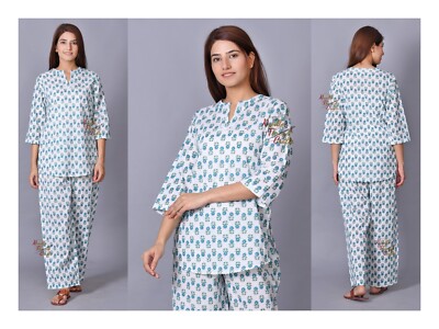Cotton Pajama Set Hand Block Frida Print style Payjama Set Long Pants Loungewear