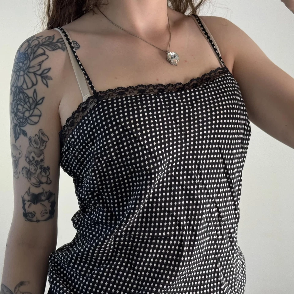 Y2K vintage 100% silk polka dot elastic waistband cami top lace trim black white - Image 3 of 4