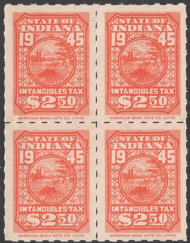 SRS IN D107 $2.50 Indiana Intangible Tax Revenue Block of Four (1945) MNH