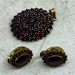 Antique Bohemian Garnet Pendant Brooch Earrings Set 900 Silver Gold Wash Czech⁠
