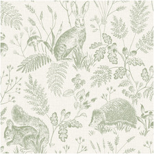 Image of Woodland Animals Wallpaper Sage Green White Natural Trees Rabbits Feature Wall