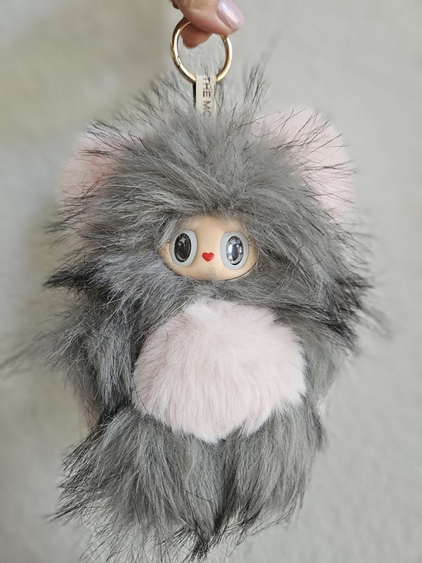 Custom Labubu Key Chain, Gray & Pink Plush Pom w/ Metal Key Ring