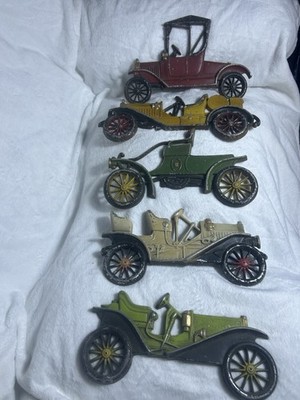 Antique Hand Cast Metal Cars Lot Of 5 Decor Garage Mechanic Man Cave Made USA