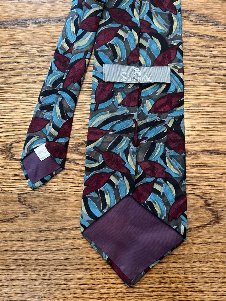 Vintage Surrey Multicolor Floral Leaf Geo Silk Tie Retro 60s 70s Made in USA - Image 2 of 4