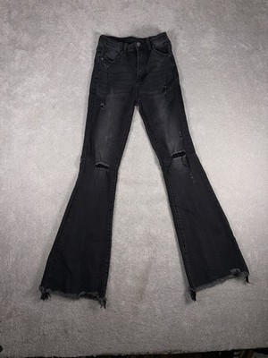 risen black flare jeans raw hem distressed 26/3  High Rise