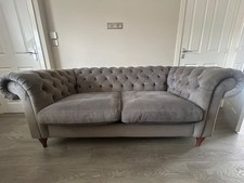 John Lewis Grey Velvet Chesterfield 3 Seater Sofa Rolled Arms Cushions 199cm