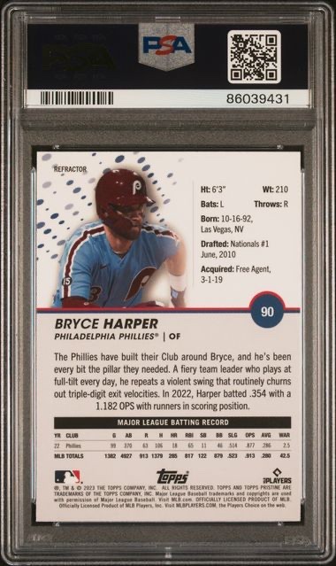 2023 Topps Pristine Bryce Harper #90 Refractor Philadelphia Phillies PSA 10 view 2