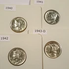 LOT OF 4 BU MERCURY DIMES 1940-P 1941-P 1942-P 1943-D 0.289 oz SILVER 10c