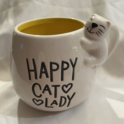 Eccolo Happy Cat Lady Mug Ceramic Yellow Inside 3D Cat Handle Coffee Cup Gift