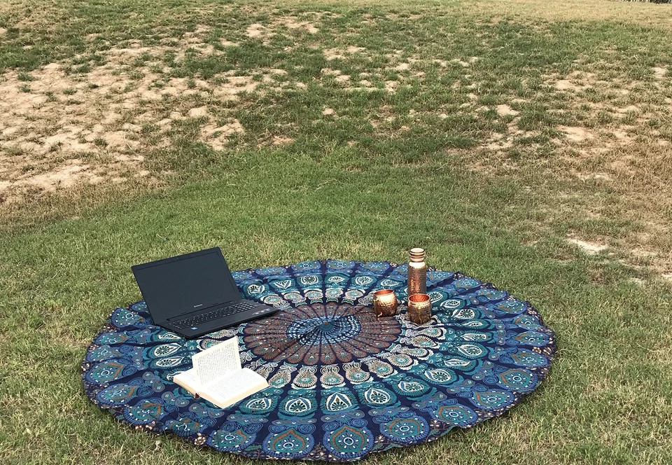 Cobertor hippie Raajsee redondo tapeçaria de praia turquesa mandala lance/boho - Imagem 2 de 4