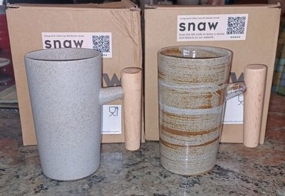 2 New Nordic Earth Mugs Vintage Ceramic Coffee Mug Cups with Wood Handles SNAW
