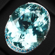 Glamorous Sky Blue Aquamarine 20.10Ct 925 Sterling Silver White Gold Halo Rings