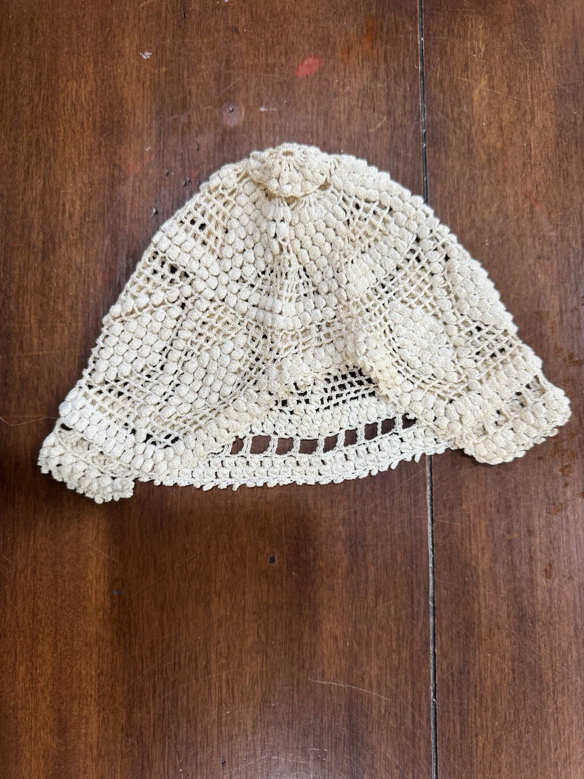 Vintage Hand Crocheted Baby Bonnet Cream Lace Knit Infant Hat Heirloom Style