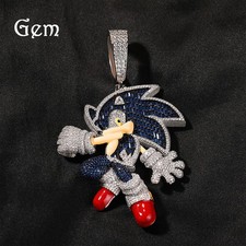 Hip Hop Brass Pendant Necklace with CZ Son-ic the Hedgehog Iced Out Bling Chain