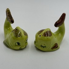 Anthropomorphic Lime Green Fish Whale Vintage Ceramic Salt & Pepper Shakers
