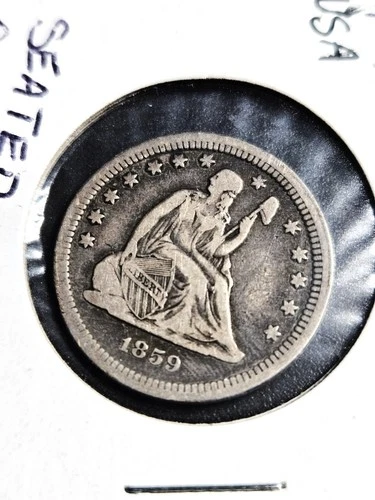 1859 P Seated Liberty Quarter.  Fine.  Type 2 No Motto.  Free Shipping.