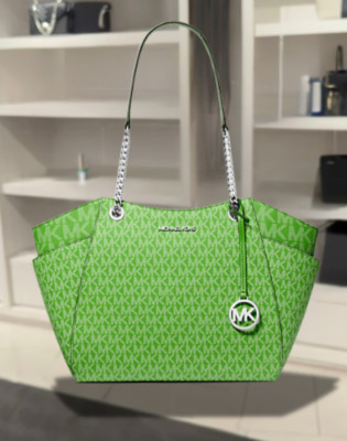 Michael Kors Jet Set Travel Women Large MK Charm Tote Shoulder Bag Jungle Green