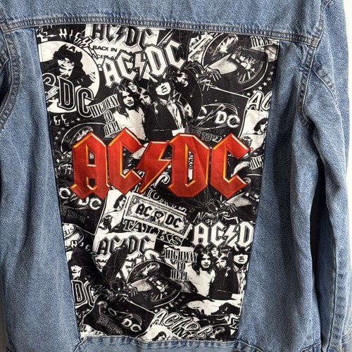 AC DC Mens Licensed Denim Jean Jacket HUGE Nylon Band Logo Patch Sz L - Picture 2 of 15