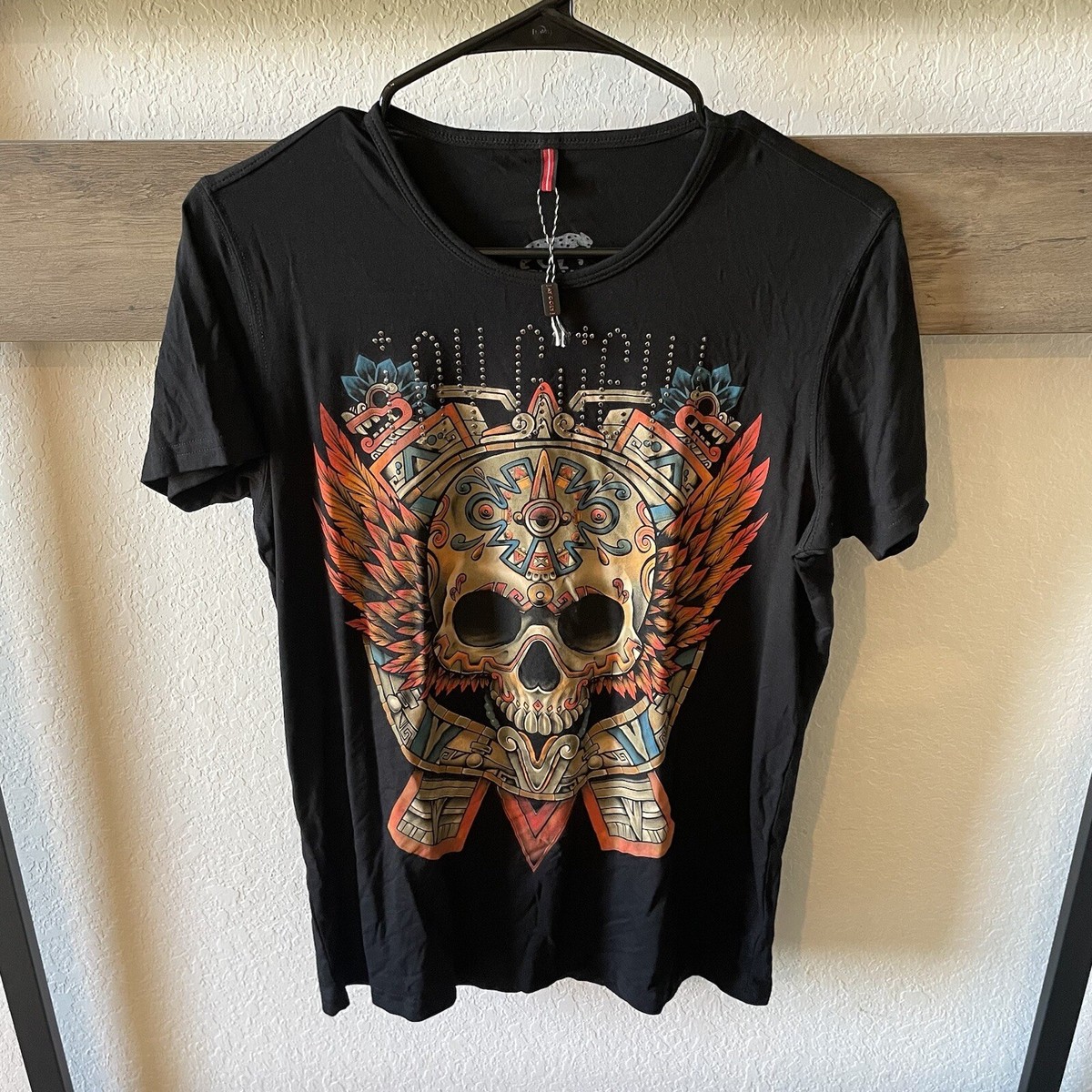 NWOT !AY GUEY! Skull T-shirt Top Studded Aztec Black Viscose Size 