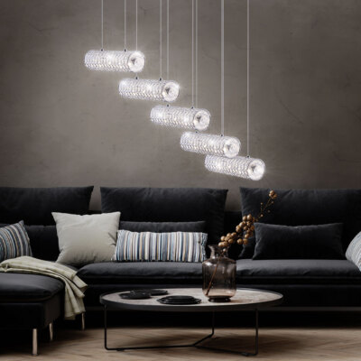 Hängelampe Pendelleuchte Esszimmerlampe LED Glas Kristalle 5 flammig H 140 cm
