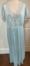 Night Gown  Robe Large Medium Peignoir Lingerie Vintage 2 Pc Set Blue Lace