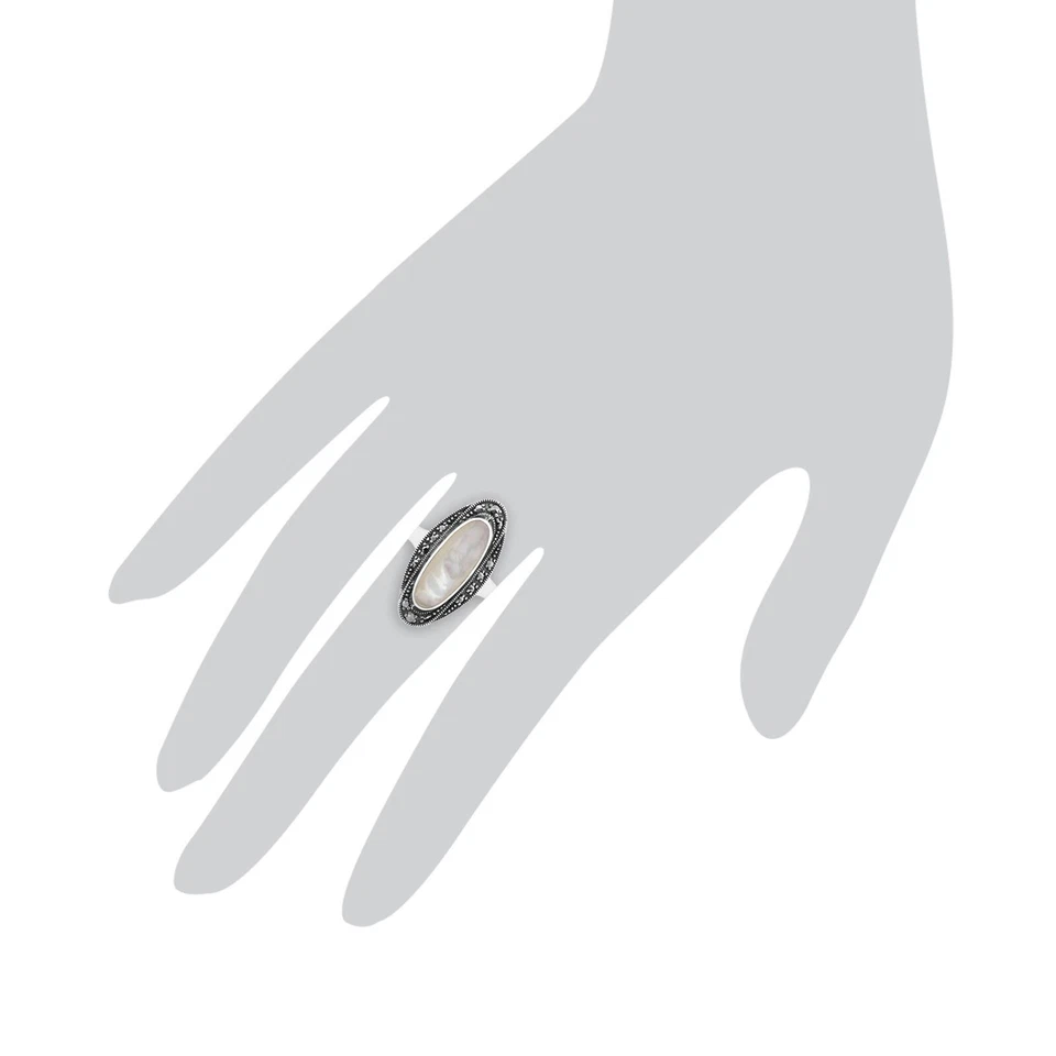 Art Déco Estilo Nácar Cabujón & Marcasita Anillo En Plata de Ley - Imagen 3 de 4