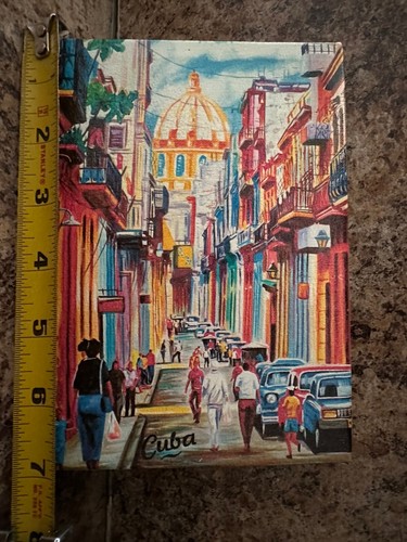SMALL VINTAGE CUBAN ART PAINTING ON CANVAS STREET SCENE with STAND - Picture 3 of 5