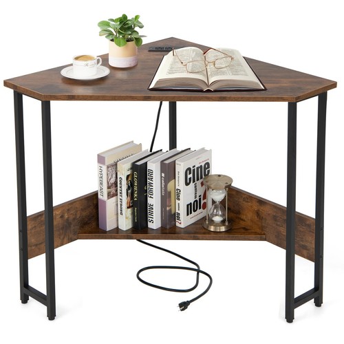 Corner Desk with Charging Station & USB Port, 90-Degree Triangle Computer Wor...