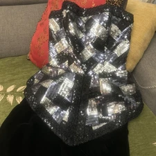 VTG Victor Costa  Strapless Black Silver Sequin & velvet  Peplum Party Dress