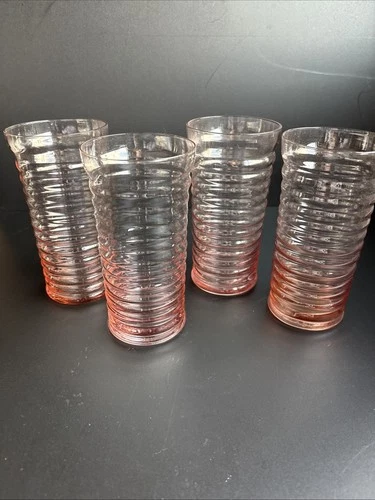 4 Anchor Hocking Queen Mary Pink Ribbed Depression Glass Tumblers 6-1/8”