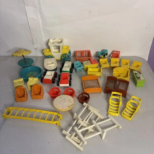 Lot of 35 Vintage Fisher Price Furniture Pieces Nursery Cars House Carriage Play